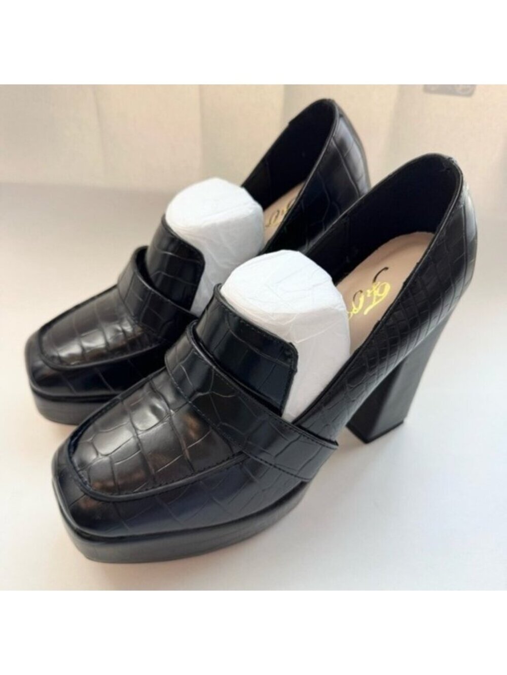Womens Chunky High Heel Platform Black Croc Textured Loafers FOWT Size 7 Heels
